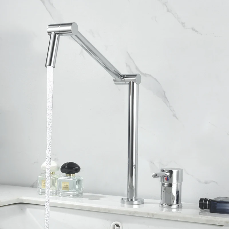 

Double Hole Bathroom Sink Faucet Deck Mounted Single Handle Hot and Cold Mixer Tap Modern Basin Folding Sink Faucet Chrome