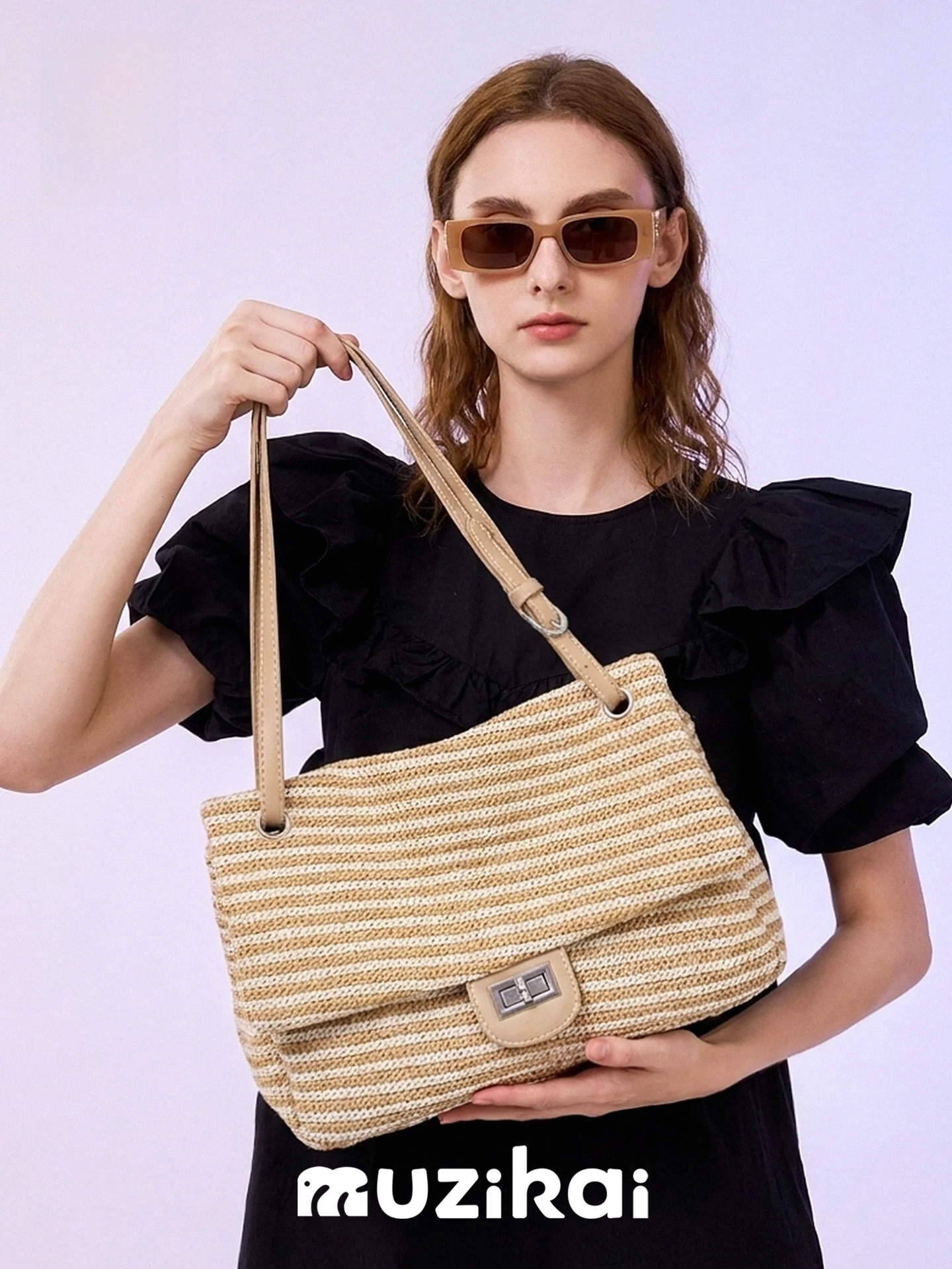 MuziKai Large Capacity Women's Shoulder Bag 2026 New Autumn Classic Striped Woven Underarm Bag Fashionable Trendy Handbag
