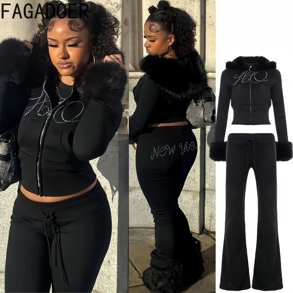 

FAGADOER Fashion Letter Rhinestone Patchwork 2 Pieces Set for Woman Outfits Hooded Crop Top + Pants Matching Female Streetwear
