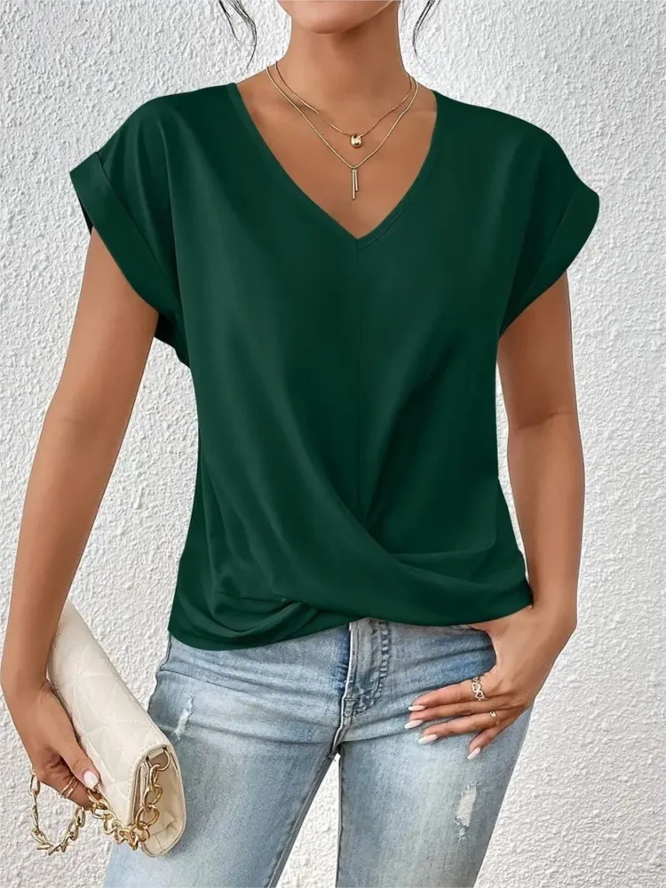 Sexy V Neck Short Sleeve Shirt Blouse Tops Office Lady Spring Summer Casual Loose Solid White Tshirt For Women 2024 Female Tees