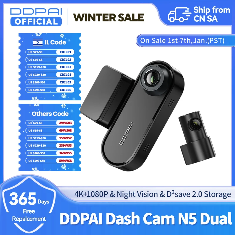 DDPAI Dash Cam N5 Podwójna przednia i tylna rozdzielczość Ultra HD Kamera samochodowa DVR Al Base Radar NightVIS ADAS GPS Automatyczne nagrywanie