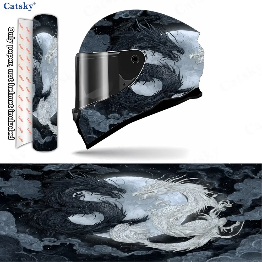

Black-White Twin Dragons Helmet Vinyl Wraps, Waterproof Scratch-Resistant Full Face Helmet Decals, Durable PVC Decoration Protec