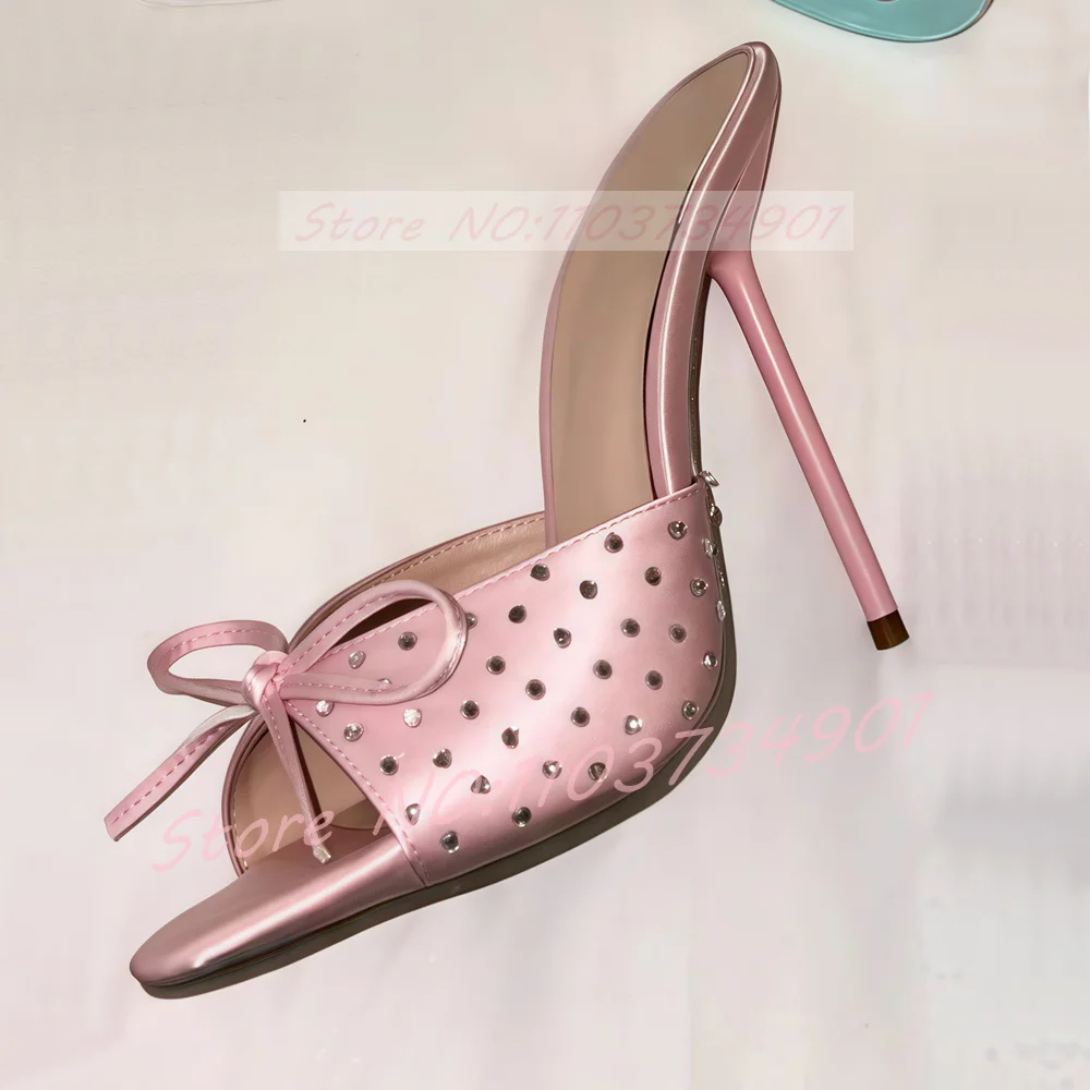 

Тапочки с открытым носком и бантом, женские пикантные розовые атласные туфли на высоком каблуке с круглым носком и кристаллами, женские женские шлепанцы без шнуровки на шпильке