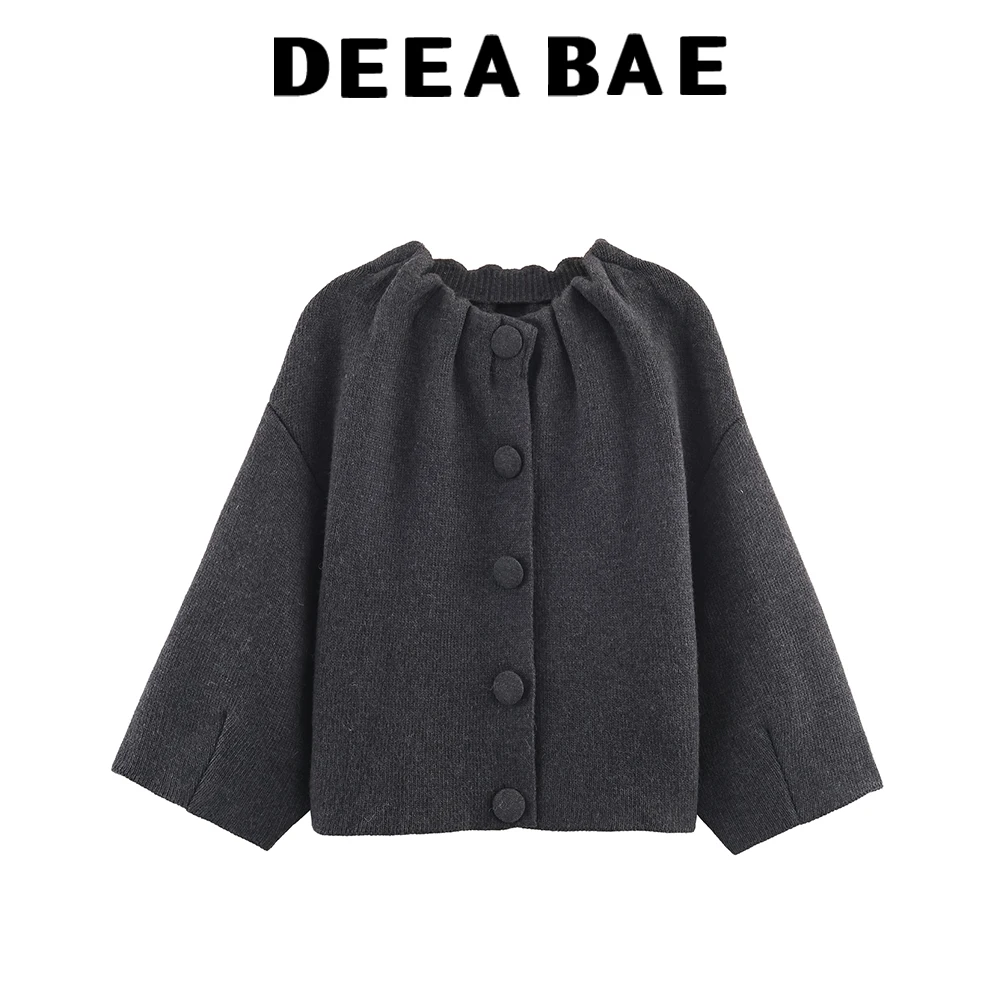 DEEABAE French retro style round neck versatile knitted jacket for women's winter high-end short coat