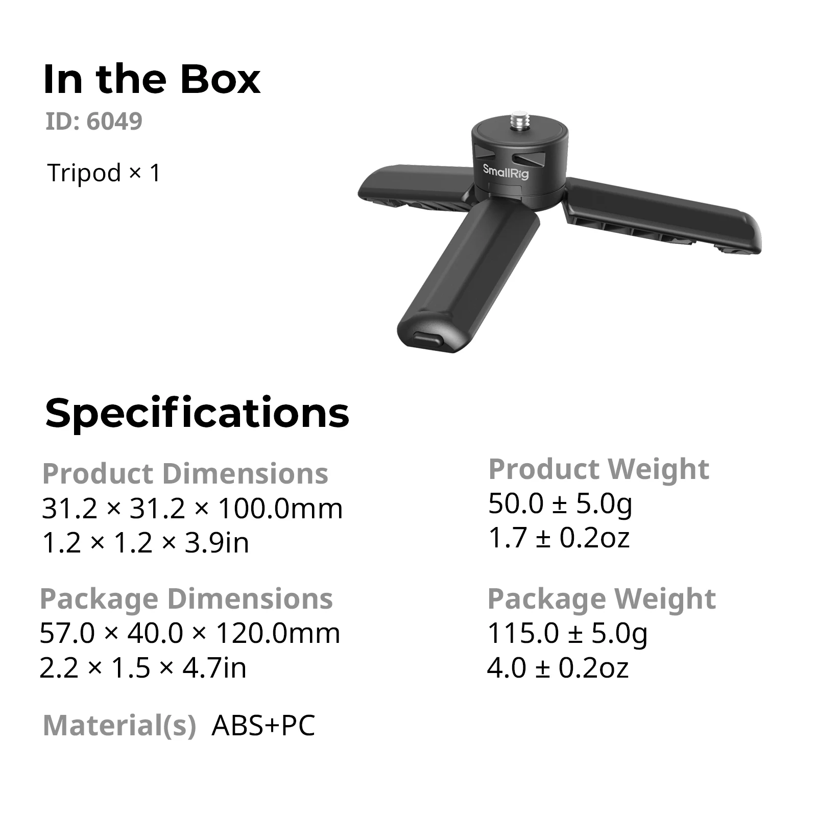 SmallRig Mini Statief voor DJI Osmo Pocket 4 / 3 / Action 6/5 Pro voor Actiecamera's 1/4"-20 Schroef, Draagvermogen 500g/17.6oz 6049