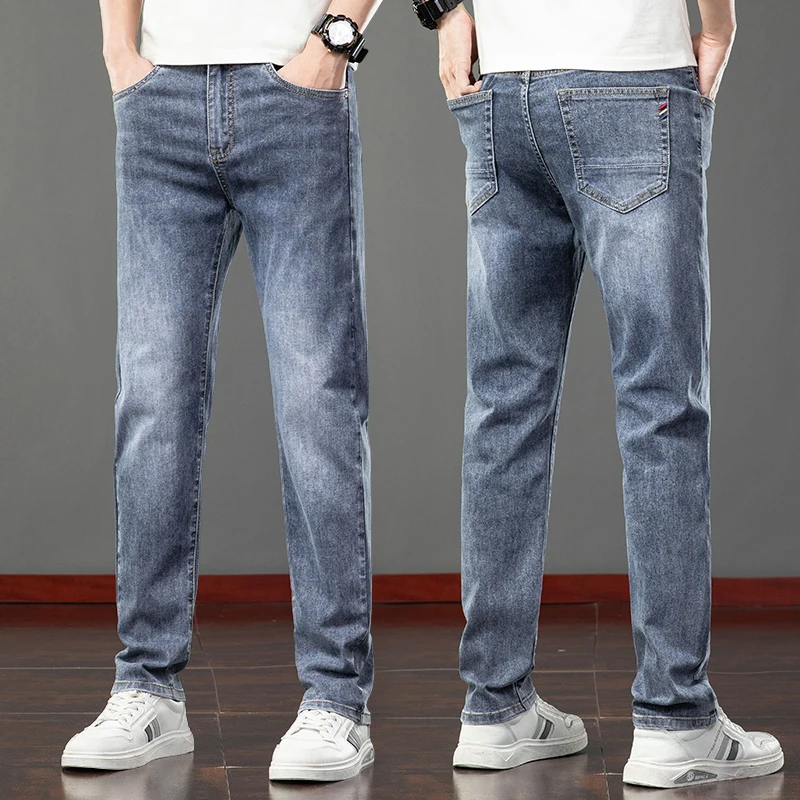 Spring Summer Thin Slim Fit Jeans Mens Elastic Straight Casual Business Denim Pants Washed Classic Brand Clothing Men Trousers
