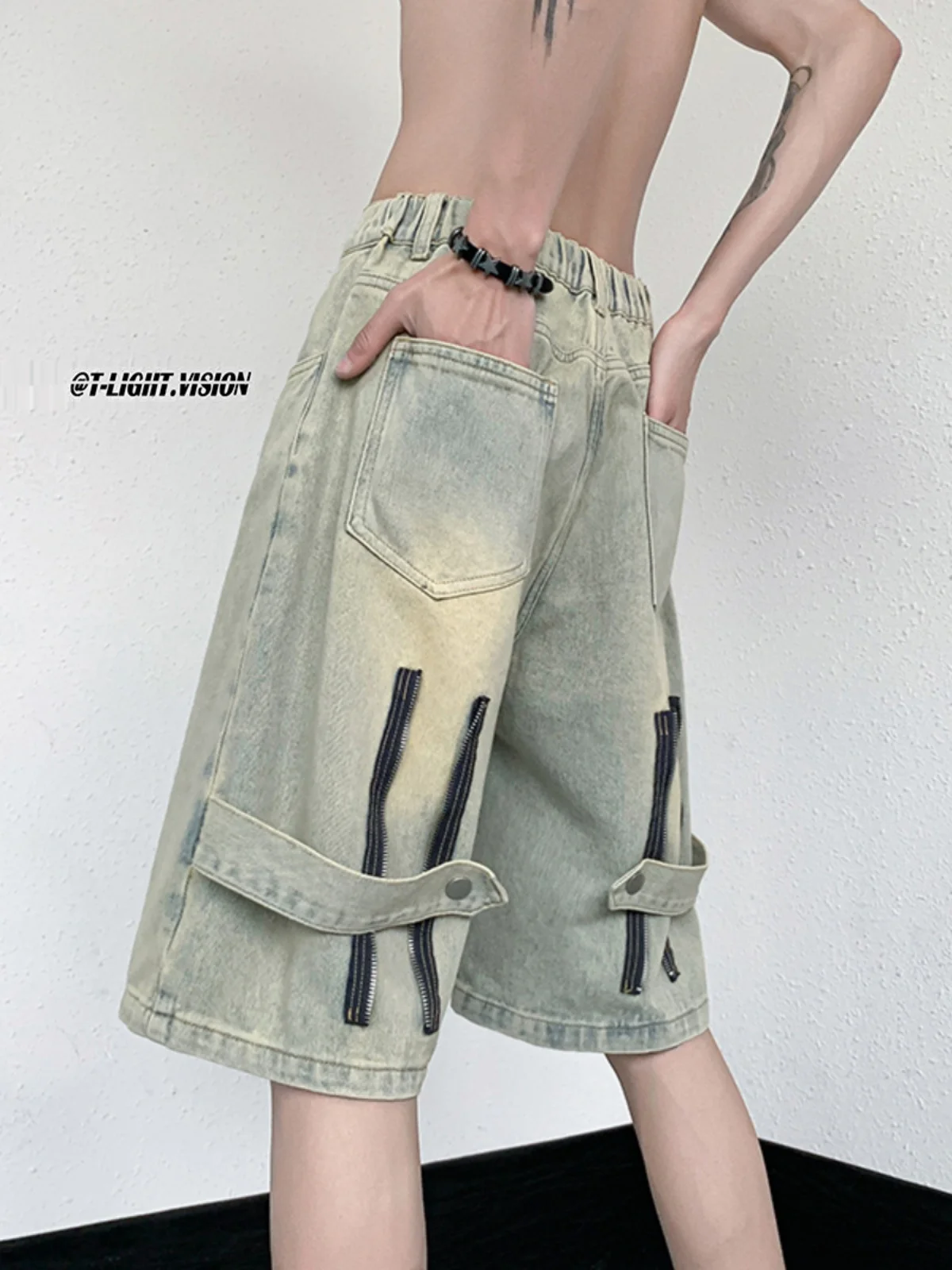 

American Sle Mud Jeans Men's High Waist Slimming Summer Vintage over Knee Five-Quarter Pants ort orts Denim