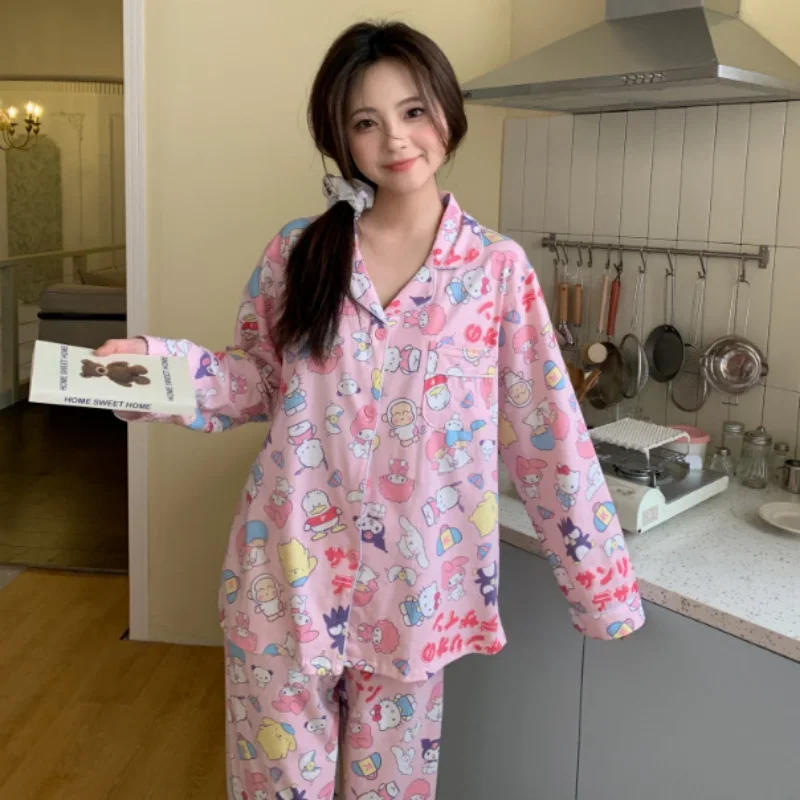 Sanrio set piyama sutra Hello Kitty wanita, baru lucu kartun kasual nyaman keren bernapas katun murni piyama rumah