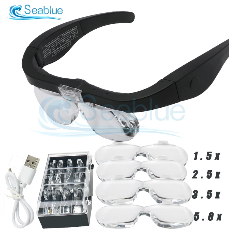 1.5X 2.5X 3.5X 5.0X Magnifying Glass Illuminated Magnifier 2 Light Adjustable Head Mounted Loupe For Reading Watchmaker Repair