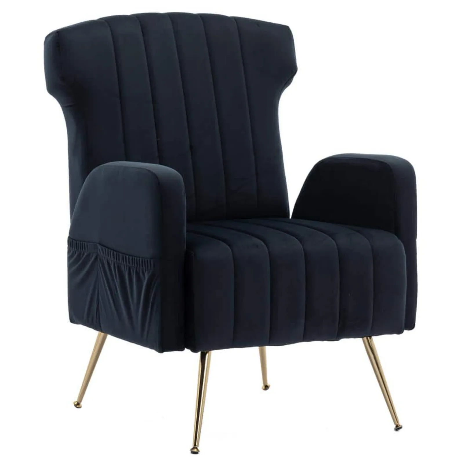 US Modern Upholstered Navy Blue Velvet Wingback Accent Arm Chair with Metal Legs