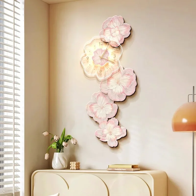 French Acrylic Pink Flower LED Wall Lamps Hanging Clock Light Creative Living Room Restaurant Bedroom Kitchen Atmosphere Sconces