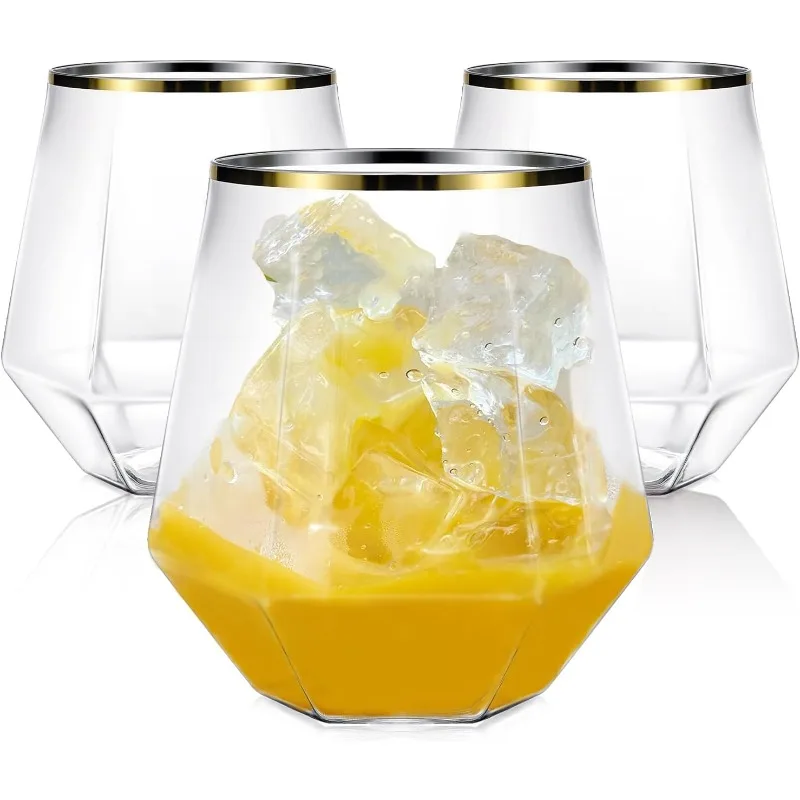 

Plastic Wine Glasses, 12 Oz Gold Rim Reusable Disposable Clear Stemless Unbreakable Champagne Flutes Cocktail Whiskey Cups