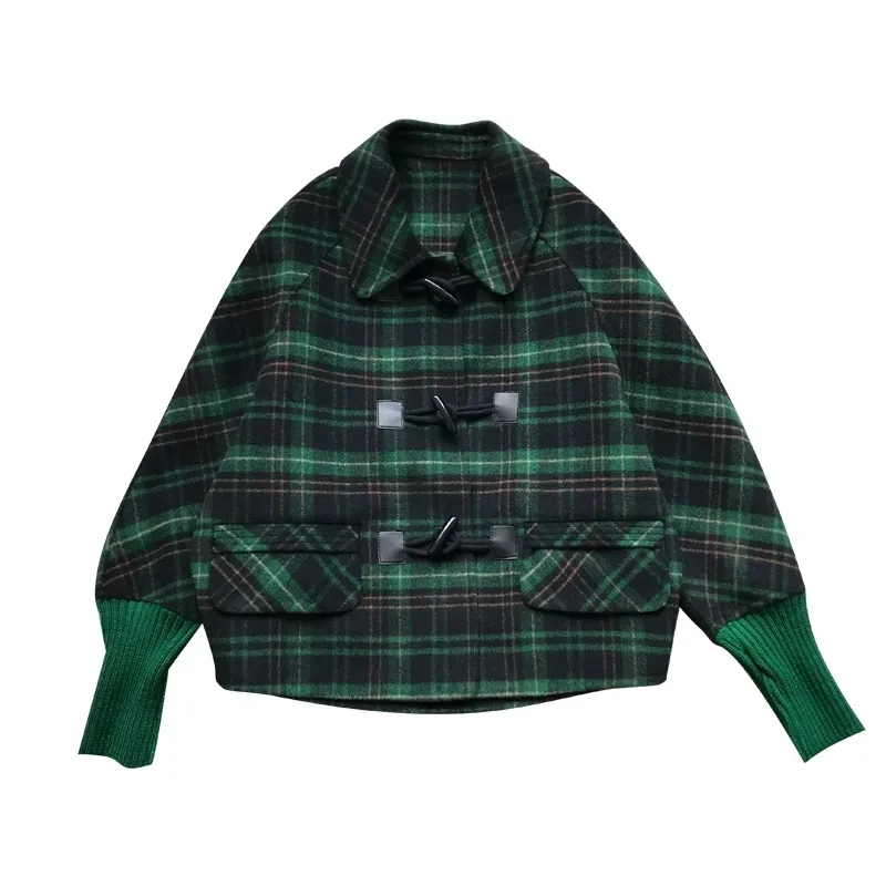 

2025 Spring Autumn New Women's Cashmere Wool Coat Short Female Bat Sleeve Ladies Horn Button Jacket Korean Loose Slim Overwear