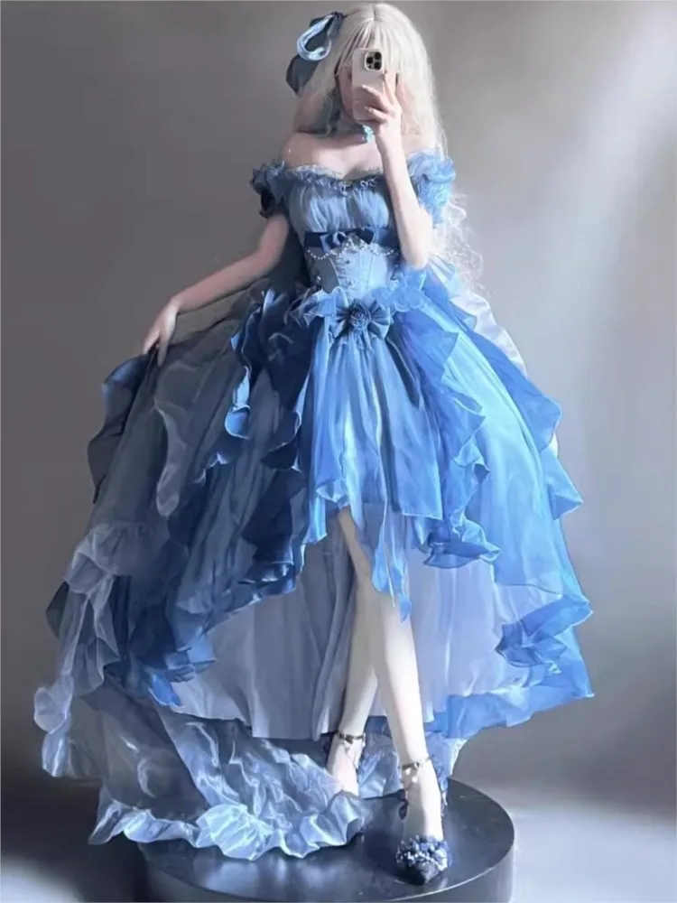 

New fashionable blue wedding heavy industry tail puffy skirt