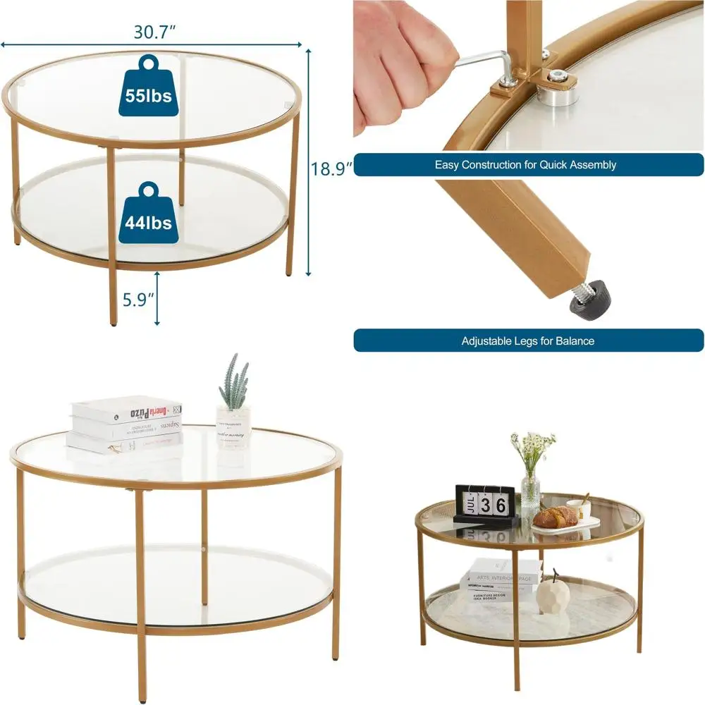 

Round 30 Glass Coffee Table with Gold Accents and Storage for Living Room