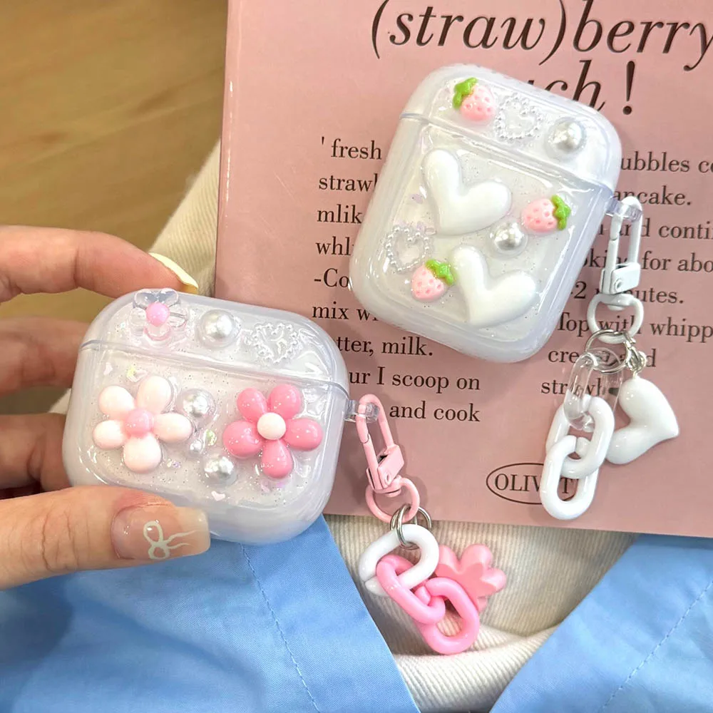 Earphone Case For AirPods 4 2024 Glitter Flower Heart Strawberry Pearl Protective Case Keychain for Airpods 1 2 3 4th Pro Pro2
