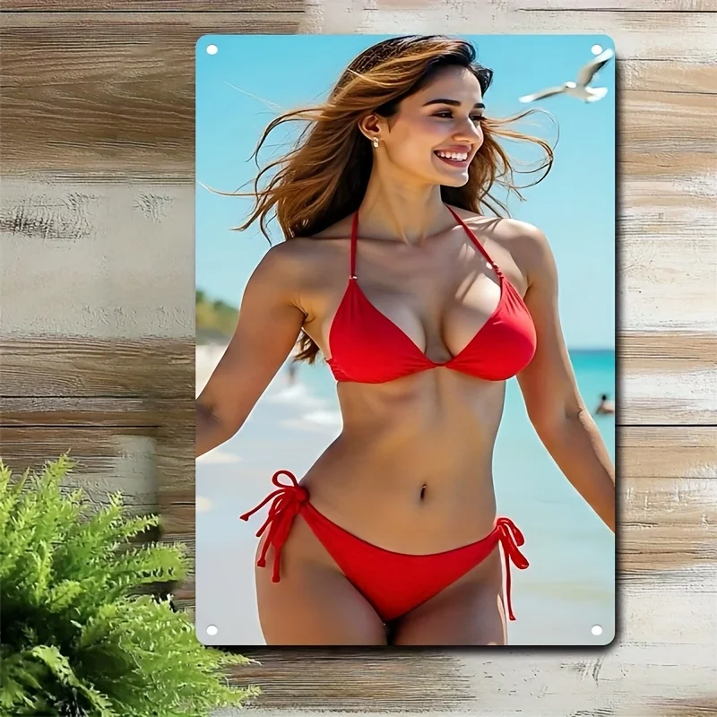 Vintage Sexy Smiling Woman In Red Bikini Beach Portrait Retro Metal Tin Sign, Rustic Summer Ocean Pin Up Wall Art Decor, Perfect