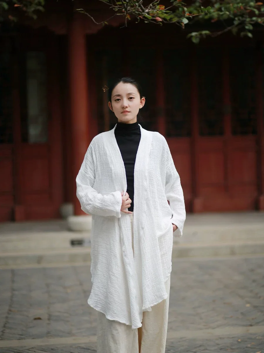 Retro Style Open Cardigan Women's Loose Modified Hanfu Asymmetrical Cotton Linen New Chinese Style Zen Women's Top