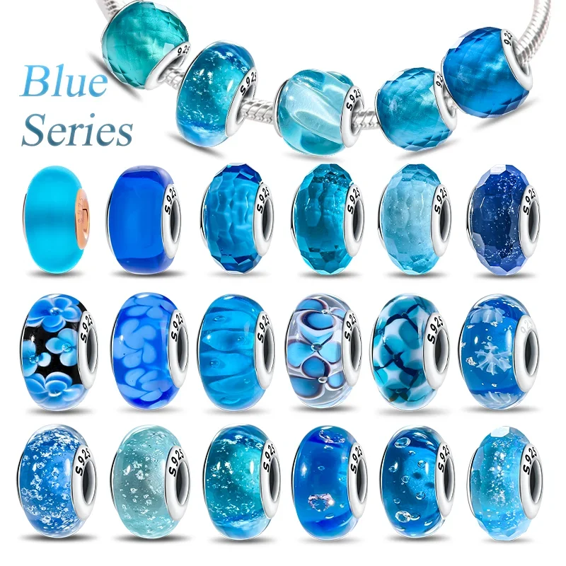 925 Silver Blue Series Crystal Enamel Murano Charming Bead Fit Original Bracelet for Women Diy Fine Jewelry Gifts view 2