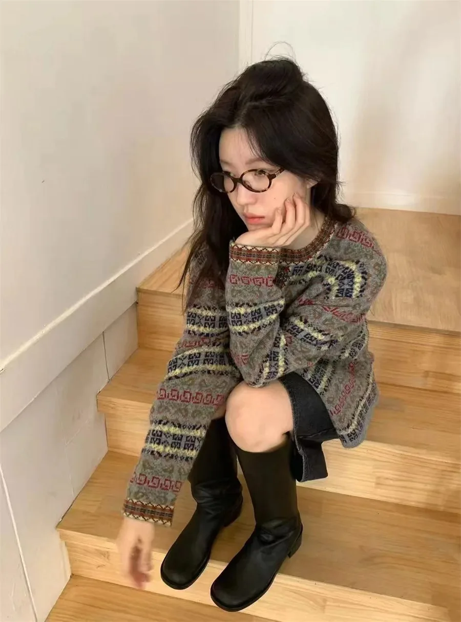 

Retro Briti Sle Fair Isle Knitted Cardigan Women's Woolen Coat Spring 2026 New Arrival Soft Warm Long Sve Striped Pattern