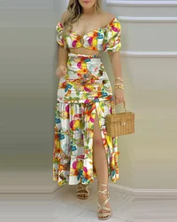 2024 Female Fashion New Summer Fashion Holiday Floral Print O Neck Crop Top Shirr +Slit High Waist Women Maxi Skirt Sets