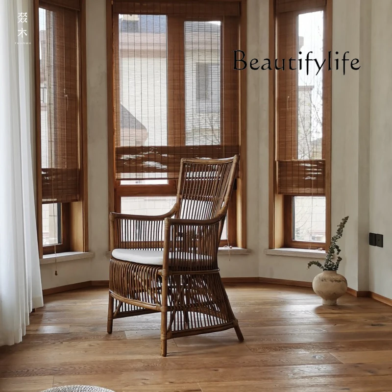 Single Rattan Chair Natural Real Rattan Retro Handmade Vine Woven Balcony Leisure Quiet Style