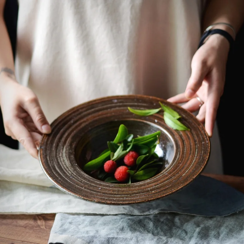 

Straw Hat Plate Italian Pasta Dish Home Deep Soup Plate Stoneware Japanese Style Plate Retro Creative Salad Dish Steak Plate Wes