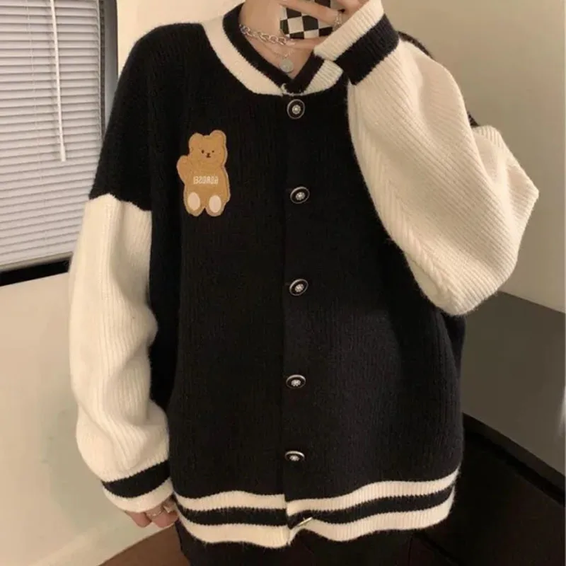 Patchwork Sweater Women Preppy Style Button Long Sleeve Sweatshirt Loose Knitted Baseball Japanese Casual Sweet Jacket