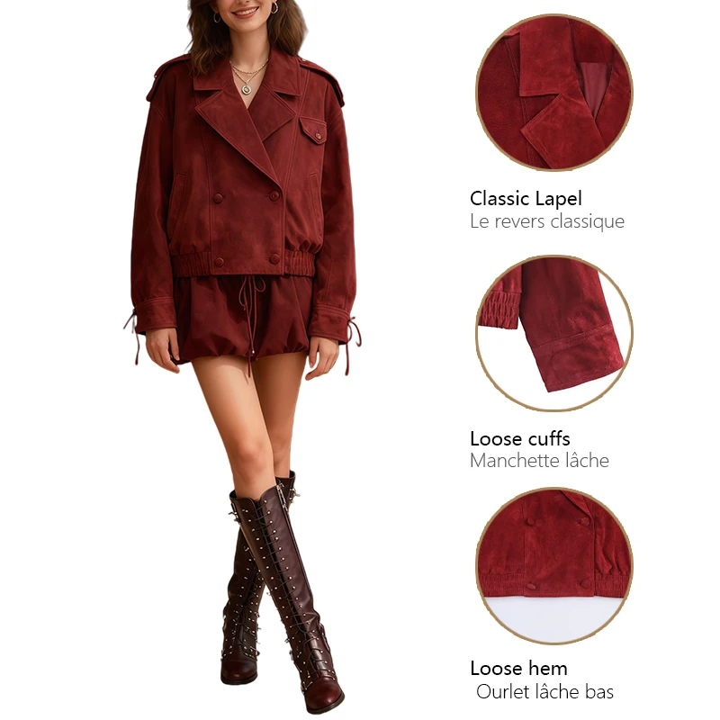 Jaqueta de ombro duplo breasted para mulheres com gola de terno reunida bainha solta curta estilo vintage jaqueta de viagem roupas femininas