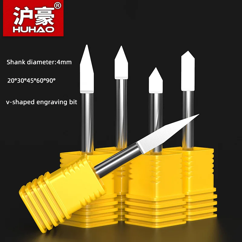 

HUHAO 4mm Shank V Shape Tip Carbide Carving Cutter 20/30/45/60/90 Degrees PCB 3D Milling Cutter PCB Machine Engraving Bits