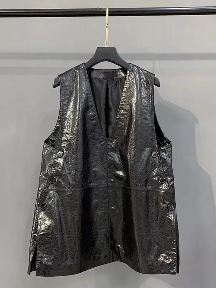 숙녀 정품 가죽 세련된 V 넥 드레스 오일 왁스 더블 브레스트 봄 가을 풀오버 패션 고품질 2025 탱크 드레스