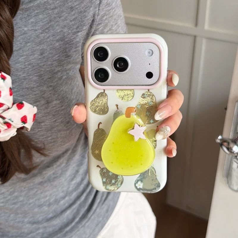 Korean Color Cute Laser Pear Phone Case For iPhone 17 Pro 16 15 14 Pro Max Cover with Stand Shockproof Protective Cases Cartoon