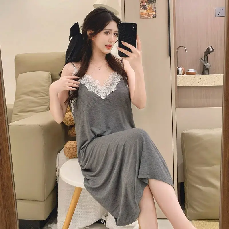 

Hot Summer Sexy Lace Lingerie Spaghetti Strap Modal Nightgown for Women Korean Cute Sleepwear Night Dress Nightdress Home Nighty