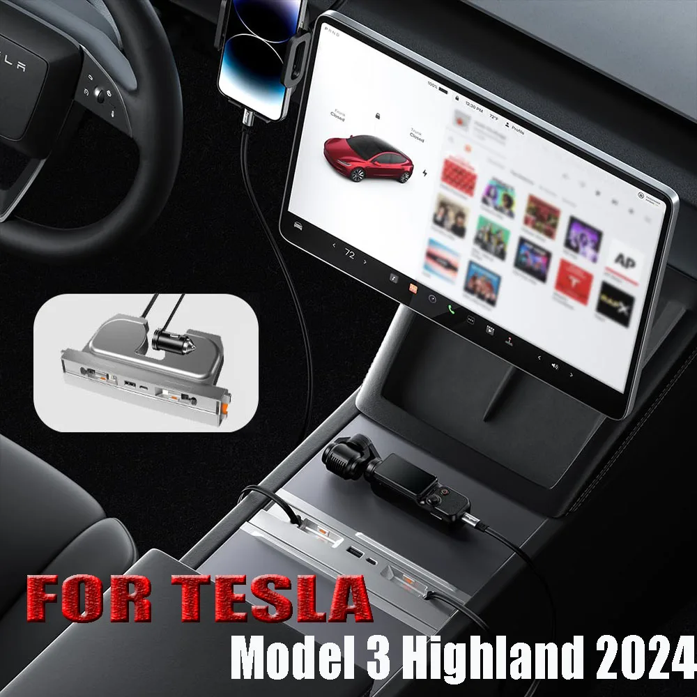 USB Hub for Tesla 2024 Highland Model 3 , 27W Fast Charging Center Console Charging Dock, 4-in-1 Compatible with 2024 Model 3+