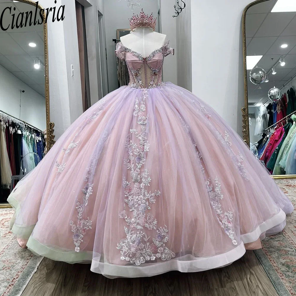 فستان Quinceanera وردي زهري مكشوف الكتفين ، مزين بدانتيل بالزهور ثلاثية الأبعاد ، فستان حفلة عيد الميلاد ، 15 عامًا