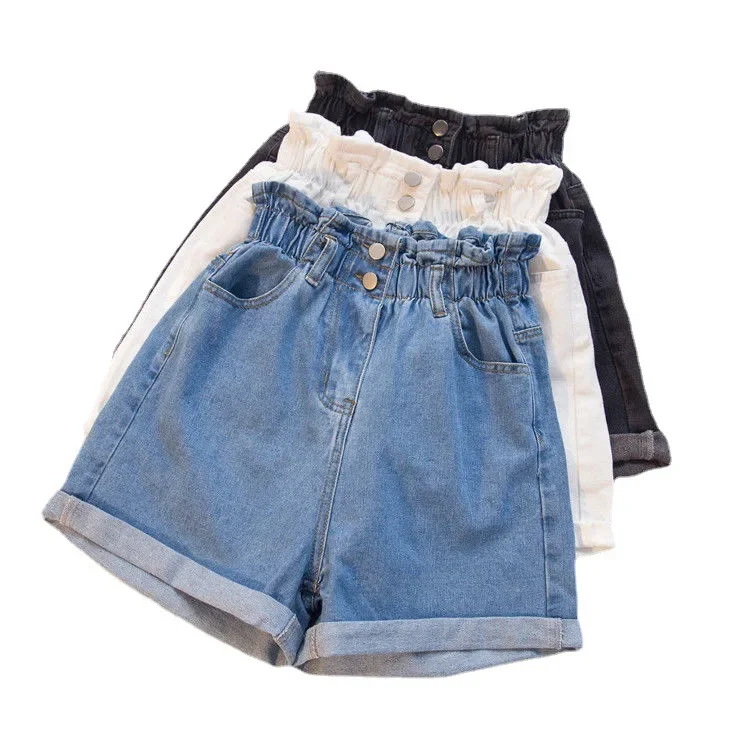 Verão preto feminino denim shorts feminino S-5XL harem babados branco azul cintura alta shorts feminino elástico curto jeans