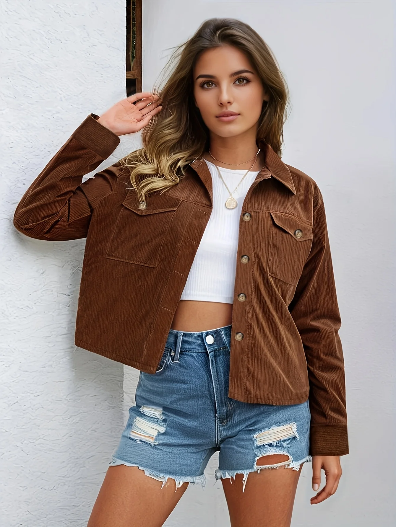 Women's Brown Corduroy Cropped Jacket - Button Down Collared Utility Jacket with Pockets, Casual Fall Outerwear