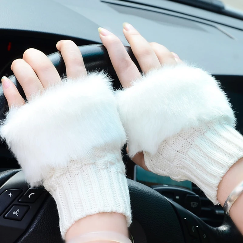 Guantes de piel sintética de conejo para mujer, calentador de brazo, mitones de lana de punto, sin dedos, Mangas de muñeca, regalo femenino, Invierno