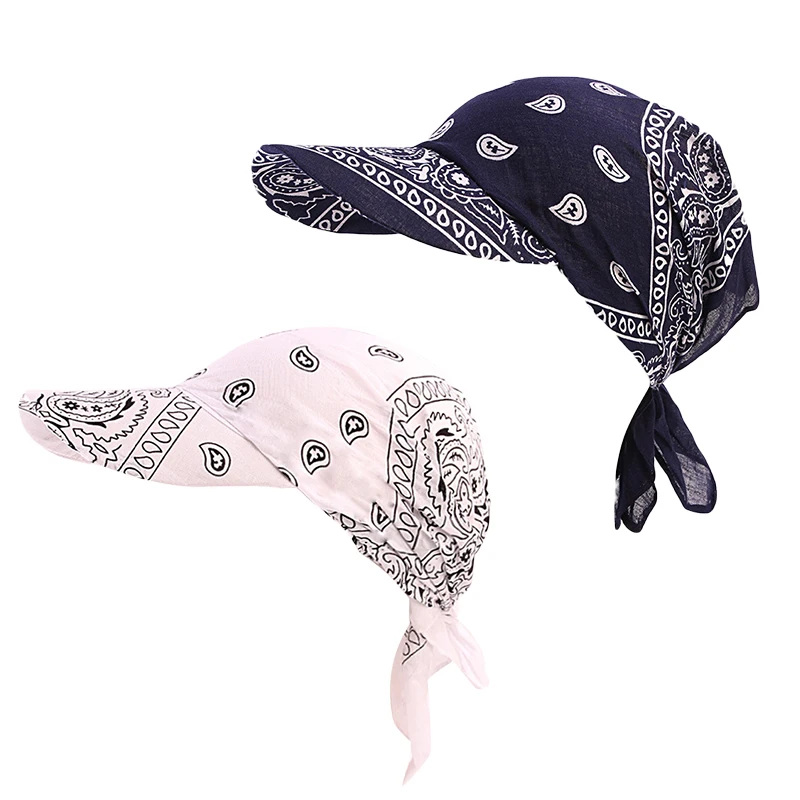 2PCS Womens Paisley Print Bandana Scarf Cap Sun Visor with Pre-Tied Turban Headscarf Head Cover Scarf Wrap Beach Outdoor Hat