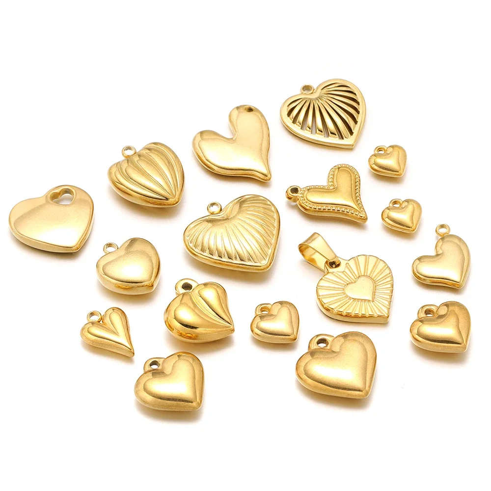 5Pcs Stainless Steel Multiple Styles Heart Charms 18k Gold Plated Pendants DIY Women Necklace Earrings Findings Jewelry Supplies