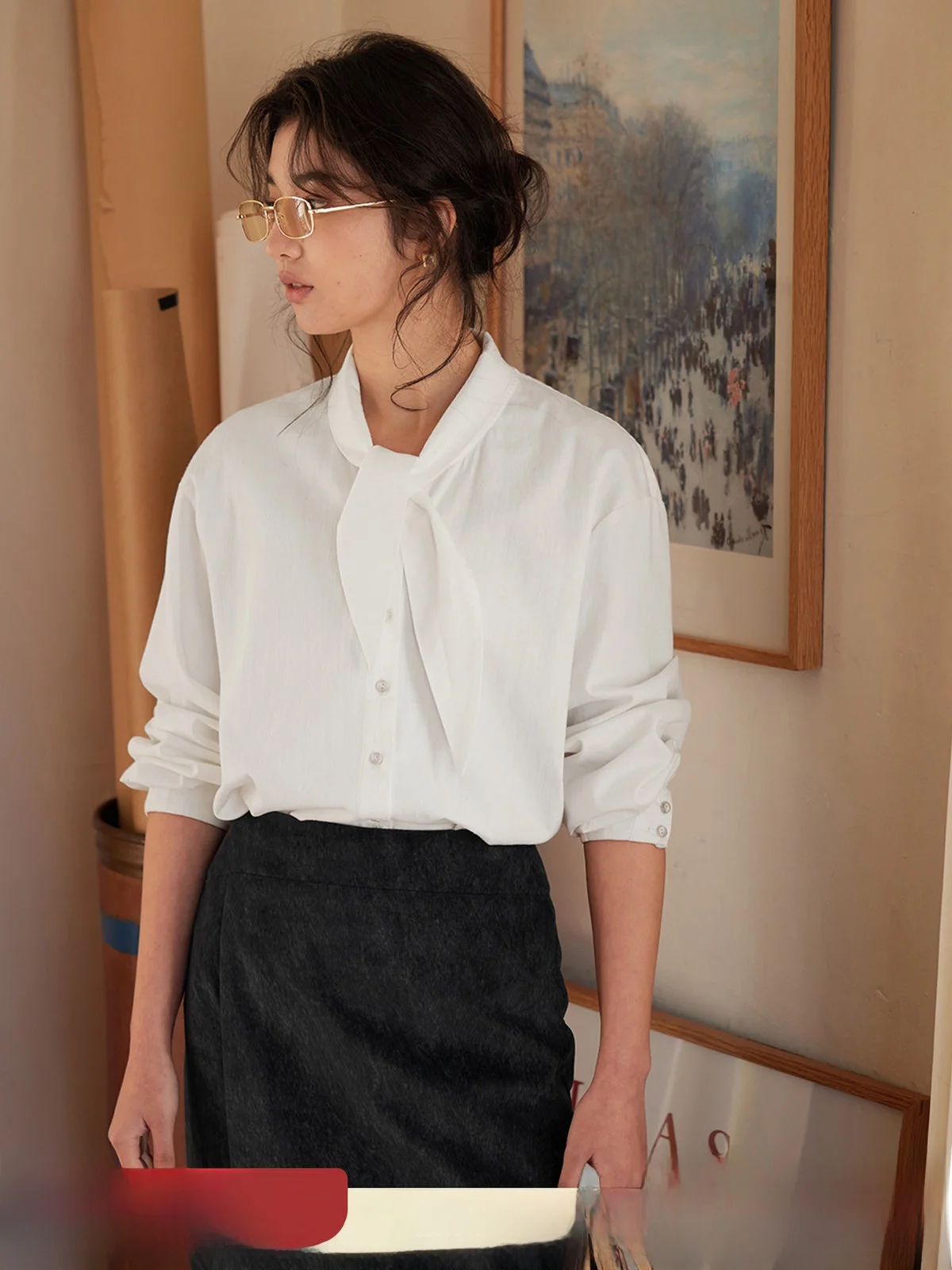 

Solighter Vintage Sash Shirt Women's Loose Long Sleeve Spring 2026 New Style Cotton Commute Fashion Pure Color Button up Top