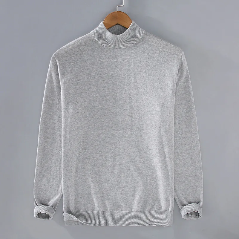 

Autumn Men's semi high neck Cotton 100% sweater cool interior solid color knit sweater trendy Korean version casual base line
