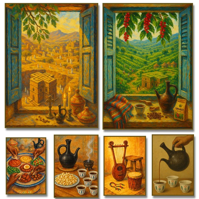 (No frame)African Culture Print Ethiopian Landscape Food Poster Window View Canvas Painting Print Coffee Ceremony Music Lover