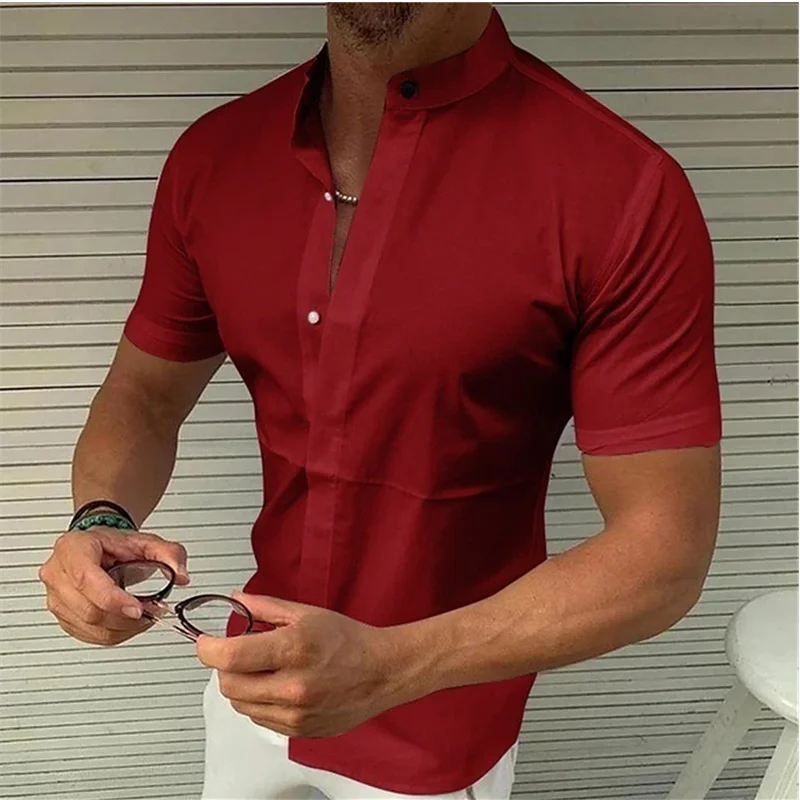 Camisa de verano para hombre, camisa de manga corta, Color sólido, cuello levantado, ropa de calle al aire libre, informal, transpirable, a la moda,