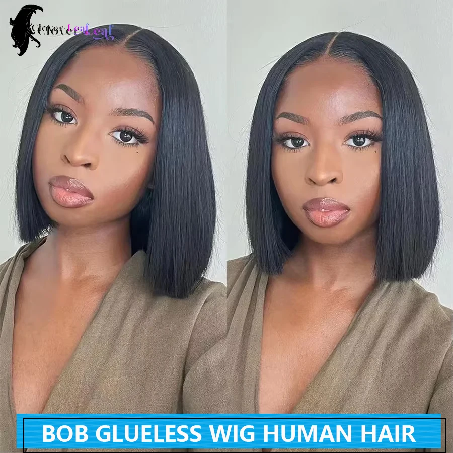 Wig Bob tanpa lem rambut manusia, Wig rambut Bob lurus siap dipakai 12 inci pre-cut renda 4x4 penutupan