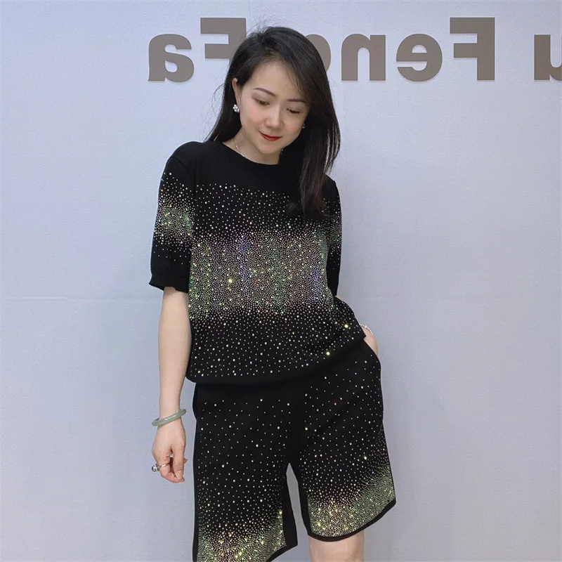 Two Pieces Shiny Rhinestones Short Set Women Summer Glitter Tracksuit Casual Loose Set Casual Costume Kit conjunto de verano