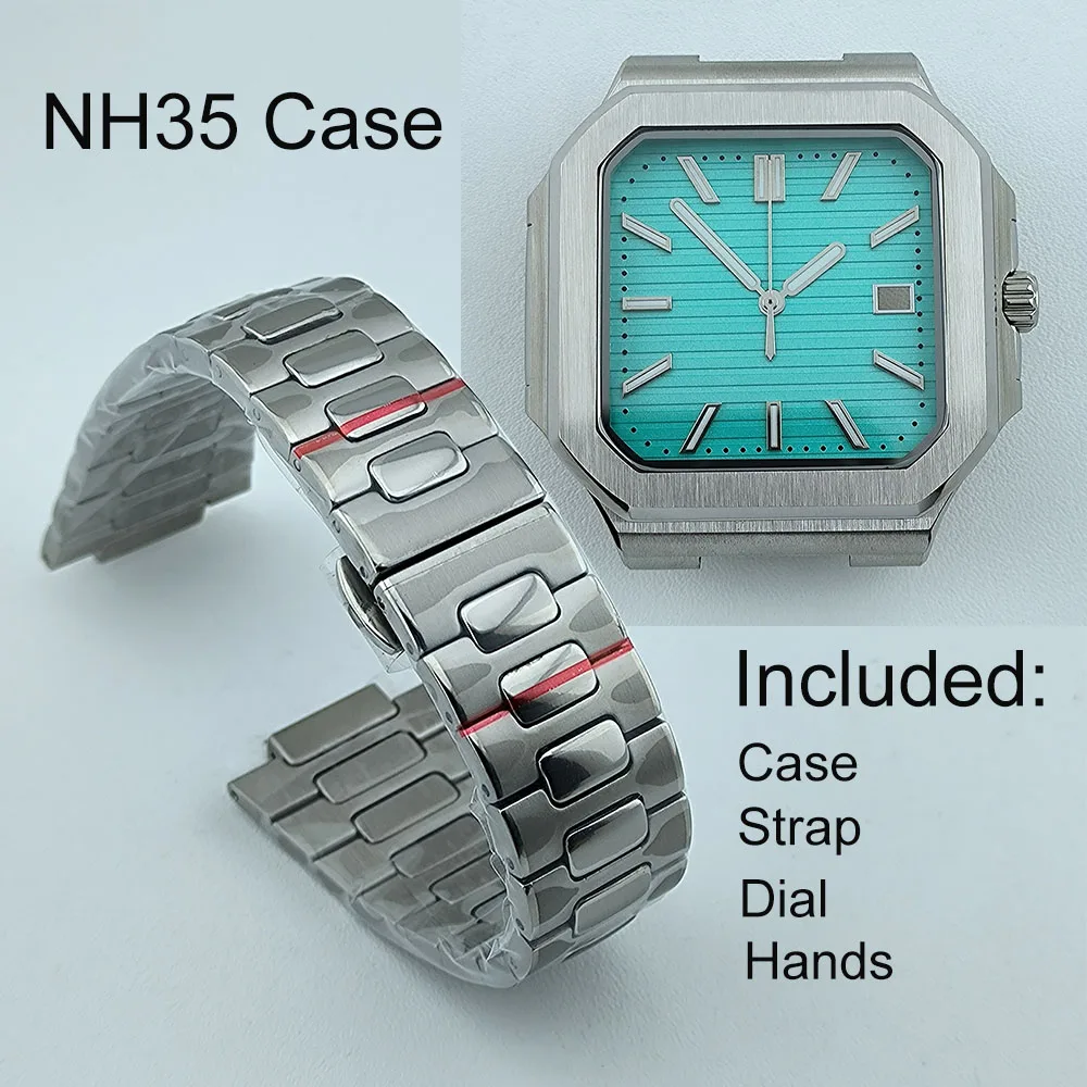 NH35 Watch Case Square Men's Watch Parts Foldingclasp WatchBand For Nau Modified Fit NH35 NH38 Movement Sapphire Crystal Glass