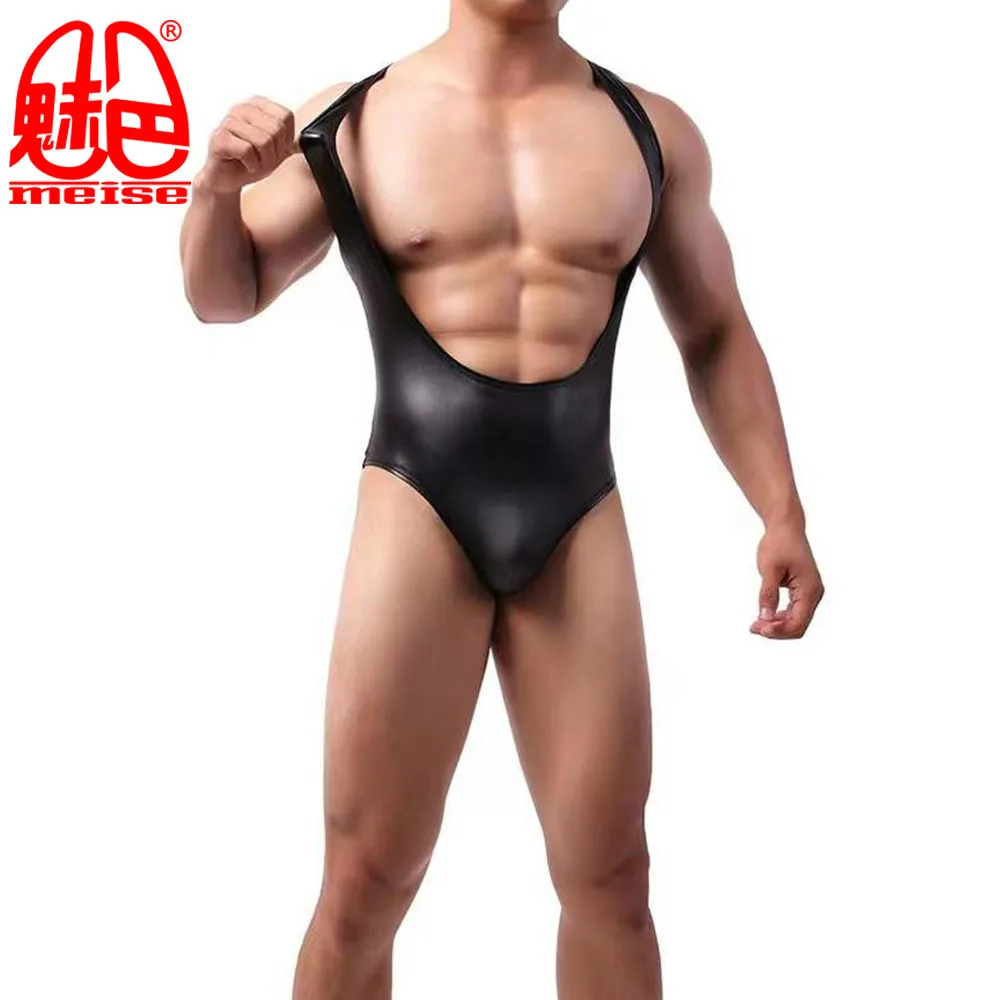 

Sexy shiny black faux leather revealing triangle one-piece tight swimsuit NB62 men's waterproof vest jazz dance outfit