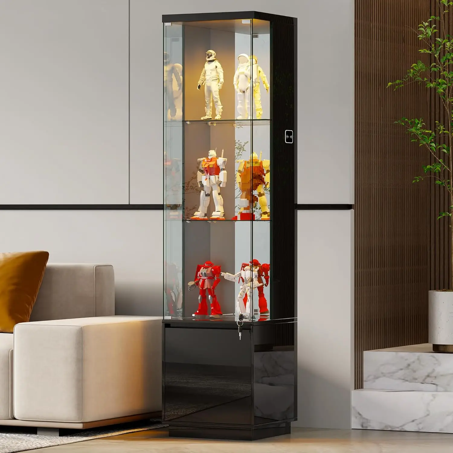 

Corner Glass Display Cabinet with Lockable&3 Color Lights for Living Room Black, Curio Cabinet with Adjustable Glass, Custom