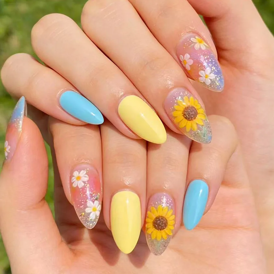 24Pcs False Nails Macaron Color Floral Sunflower French Press On Nails Wearable Full Cover Nails Tips Women Acrylic Nail Tips
